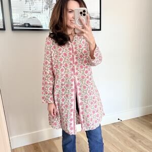 Vintage Block Print Jacket Women’s M/L Pink Floral Robe Tunic Top Woven Cotton